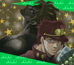  3boys album_cover_redraw alternate_color alternate_hair_color anime_coloring artistic_error birthmark blonde_hair brown_eyes christmas clenched_hand colored_eyebrows commentary copyright_name derivative_work dio_brando ear_piercing earrings gakuran grey_eyes hat highres jacket jewelry joestar_birthmark jojo_no_kimyou_na_bouken kujo_jotaro looking_back merry_christmas multiple_boys oyasirosama07 piercing red_hair red_hat red_jacket scar scar_on_neck school_uniform serious shade short_hair smirk stand_(jojo) star_(symbol) star_platinum stardust_crusaders thick_eyebrows topless_male 