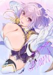  1girl boots breasts cleavage collared_shirt commentary_request gloves gridman_universe gridman_universe_(movie) high_heels highres huge_breasts looking_at_viewer miniskirt naasan_(r3p9xvzrq9wdv1l) open_mouth purple_hair purple_skirt reaching reaching_towards_viewer red_eyes shinjou_akane shinjou_akane_(new_order) shirt short_hair skirt solo ssss.gridman thigh_boots thighhighs white_gloves 