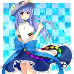  :o ass bad_id bad_pixiv_id banned_artist blue_hair bow brown_eyes checkered checkered_background hat hinanawi_tenshi large_bow long_hair looking_back puffy_sleeves solo touhou tsukiriran 