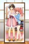  1boy 1girl ankle_lace-up arm_hug bare_shoulders blue_jacket blush bow breasts brown_bow brown_eyes brown_hair brown_shoes casual clenched_hands closed_mouth collarbone commentary commission cosplay couple crossdressing crossdressing_(mtf) dress dress_bow english_commentary eyes_visible_through_hair footwear_bow frilled_dress frills full-length_mirror full_body furrowed_brow grey_slippers hair_between_eyes hair_bow hairband hands_up hetero highres hoshina_shuuji inaba_meguru indoors jacket lewdkuma long_hair looking_at_mirror looking_at_viewer medium_breasts medium_dress mirror off-shoulder_dress off_shoulder official_alternate_costume open_clothes open_jacket orange_bow orange_hair pink_dress pink_shirt red_eyes red_hairband reflection reflection_focus sanoba_witch shiiba_tsumugi shiiba_tsumugi_(cosplay) shirt shoes short_hair side_ponytail sleeves_past_wrists slippers smile solo split_mouth standing two-tone_dress wavy_hair white_bow white_dress 