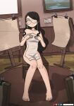  1girl black_hair breasts chair collarbone commentary covering_privates earrings easel english_commentary full_body glasses highres holding holding_towel instagram_logo instagram_username jewelry keetydraws long_hair looking_at_viewer naked_towel nude nude_cover on_chair original painting_(object) patreon_logo patreon_username picture_frame round_eyewear single_earring sitting small_breasts solo towel triangle_mouth tumblr_logo tumblr_username twitter_logo twitter_username wooden_floor 