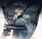  1boy blonde_hair blue_shorts commentary cowboy_shot gauntlets hair_between_eyes highres holding holding_polearm holding_weapon lance looking_at_viewer male_focus morimens ogier_(morimens) polearm pushu serious shield shirt shorts smile solo weapon white_shirt 