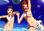  amami_haruka arm_up armpits ball bikini bikini_skirt black_eyes blue_hair breasts brown_hair cloud day face flat_chest foreshortening green_eyes idolmaster idolmaster_(classic) jewelry kisaragi_chihaya long_hair looking_back medium_breasts multiple_girls navel open_mouth outdoors outstretched_arm pendant pettan_p short_hair sky splashing sports_bikini swimsuit wading water white_bikini 