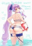  1girl ass backboob ball beachball bikini blue_streaks blush breasts commentary_request hand_on_own_hip happy_birthday holding holding_ball holding_beachball long_hair looking_at_viewer looking_back macross macross_delta mikumo_guynemer multicolored_hair ponytail purple_hair red_eyes sasanoneko side-tie_bikini_bottom sideboob skindentation solo streaked_hair string_bikini swimsuit thigh_strap thighs wading 