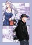  1boy 1girl alternate_universe babigonice bag black_hair black_hat braid character_charm charm_(object) clive_rosfield commentary_request contemporary final_fantasy final_fantasy_xvi grey_hair handbag hat highres holding holding_bag hood hoodie jill_warrick mask monochrome mouth_mask single_braid 