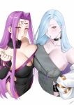  2girls absurdres aoma6026 breasts commentary dress english_commentary facial_mark fate/grand_order fate_(series) forehead forehead_mark hebi_nyoubou_(fate) highres huge_breasts long_hair low_neckline mature_female medusa_(fate) medusa_(rider)_(fate) medusa_(rider)_(third_ascension)_(fate) multiple_girls purple_eyes purple_hair strapless strapless_dress very_long_hair white_hair 