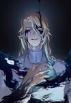  1boy absurdres aura black_background bleach bleach:_sennen_kessen-hen blonde_hair colored_eyelashes commentary dark_aura evil_grin evil_smile extra_eyes eyelashes grin hair_between_eyes hair_over_shoulder hand_up highres jacket jugram_haschwalth long_hair long_sleeves looking_at_viewer male_focus nose parted_lips red_eyes shirt simple_background smile solo straight-on sugar_sal the_almighty underlighting upper_body v-shaped_eyebrows white_jacket white_shirt 