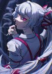  1girl absurdres back bamboo bamboo_forest bow cigarette commentary forest from_behind fujiwara_no_mokou fujiyu_(zzvjclkycrnfri6) glowing glowing_eyes hair_bow hair_ribbon hand_up highres holding holding_cigarette long_hair long_sleeves looking_at_viewer looking_back nature ponytail red_eyes ribbon shirt smoke smoke_trail smoking solo suspenders touhou very_long_hair white_hair white_shirt 