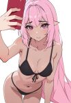  1girl bikini black_bikini breasts cleavage commentary elf elysia_(herrscher_of_human:_ego)_(honkai_impact) elysia_(honkai_impact) english_commentary highres holding holding_phone honkai_(series) honkai_impact_3rd kili_kilio large_breasts navel phone pink_hair pointy_ears purple_eyes selfie simple_background smile solo stomach swimsuit white_background 