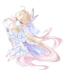  1girl antenna_hair blonde_hair capelet comet commentary cure_arcana dress earrings gradient_hair hair_intakes highres holding holding_staff jewelry long_hair looking_at_viewer magical_girl meitantei_precure! moria_luluka multicolored_hair pink_nails precure q_cupid_p3 shine_arcana_rod sidelocks simple_background solo staff white_background white_capelet white_dress wrist_cuffs 