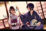  1girl bad_id bad_pixiv_id black_hair blue_eyes brown_hair closed_eyes couple hakuouki_shinsengumi_kitan hetero highres japanese_clothes kimono long_hair saitou_hajime_(hakuouki) uzura_yuuno yukimura_chizuru 