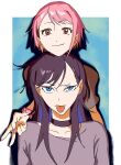  2girls black_hair blue_eyes blue_hair brown_eyes choker closed_mouth colored_inner_hair commentary grey_shirt half-closed_eyes head_on_head head_rest highres kororon_(song) laran005 looking_at_viewer multicolored_hair multiple_girls okami-chan_(kororon) pink_hair raised_eyebrow scrunchie shirt short_hair smile tongue tongue_out tora-chan_(kororon) untranslatable_commentary v wrist_scrunchie 