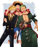  3boys absurdres bandana bandana_around_arm black_bandana blonde_hair cigarette commentary curly_eyebrows facial_hair goatee hair_over_one_eye highres itsuma_rl male_focus monkey_d._luffy multiple_boys mustache_stubble one_piece roronoa_zoro sanji_(one_piece) scar scar_across_eye scar_on_chest scar_on_face stitched_torso stitches stubble 