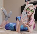  1girl 3d ahri_(league) animal_ears feet fox_ears glasses green-tinted_eyewear highres jewelry k/da_(league) k/da_all_out_ahri league_of_legends legs looking_at_viewer lyashu lying patreon_logo patreon_username ring self-upload selfie socks solo tinted_eyewear v 
