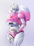  1girl arcee autobot blue_eyes helmet highres humanoid_robot insignia metal_skin pink_lips robot robot_girl science_fiction solo transformers transformers:_generation_1 xerocamus 