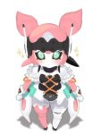  1girl aria_(robot)_(zenless_zone_zero) aria_(zenless_zone_zero) black_sclera blush bow closed_mouth colored_sclera from_above full_body green_bow highres humanoid_robot joints looking_at_viewer mx_xb0 pink_hair robot robot_girl robot_joints shadow simple_background solo sparkle white_background zenless_zone_zero 