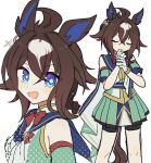 1girl animal_ears black_shorts blue_eyes blush braid breasts brown_hair cape closed_eyes closed_mouth commentary_request epiphaneia_(fate's_chosen_star)_(umamusume) epiphaneia_(umamusume) gloves hair_between_eyes hair_tuft highres horse_ears horse_girl horse_tail long_hair momono4343 multicolored_hair open_mouth shirt shorts shorts_under_skirt skirt smile streaked_hair tail umamusume white_gloves 