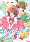  1boy 1girl :d bow bowtie broom broom_riding brown_eyes brown_hair cardcaptor_sakura chinese_clothes closed_mouth comiket_92 commentary_request dress falling_petals flying frilled_dress frilled_gloves frills glove_bow gloves green_eyes green_hat hat highres holding holding_sword holding_weapon kero_(cardcaptor_sakura) kinomoto_sakura kinomoto_sakura_(magician) li_syaoran li_syaoran_(battle_costume) magical_girl mizu_no mob_cap open_mouth petals pink_dress pink_hat puffy_short_sleeves puffy_sleeves red_bow red_bowtie short_sleeves sleeve_bow smile sword weapon white_bow white_gloves 