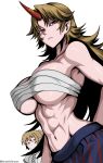  2girls abs bare_shoulders blonde_hair breasts chest_sarashi collarbone covered_nipples expressionless highres horns hoshiguma_yuugi kinoshii-shroom large_breasts long_hair looking_at_viewer midriff mizuhashi_parsee multiple_girls muscular muscular_female navel pointy_ears red_eyes sarashi serratus_anterior simple_background single_horn touhou white_background 