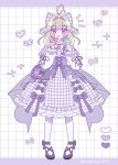  1girl alternate_costume antenna_hair bag_charm black_corset black_shoes blush bow capelet charm_(object) commentary corset dress eating food full_body green_hair grey_bow grey_capelet grey_dress hair_bow hair_intakes highres holding holding_food holding_ice_cream holding_spoon ice_cream looking_at_viewer mashu-tan medium_hair meitantei_precure! moria_luluka neconecco_2525 notice_lines pantyhose plaid_bow plaid_capelet plaid_clothes plaid_dress precure purple_eyes shoes sidelocks solo spoon twitter_username untranslatable_commentary white_pantyhose 