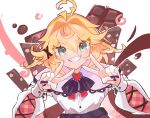  1girl ahoge alternate_costume aqua_eyes black_nails blonde_hair commentary dokibird double_v hair_ornament hairclip highres indie_virtual_youtuber long_sleeves medium_hair shirt smile solo teeth troubleshooter_bun untranslatable_commentary upper_body v virtual_youtuber white_background white_shirt 