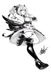  1girl aria_(human)_(discordant_note)_(zenless_zone_zero) aria_(human)_(zenless_zone_zero) aria_(zenless_zone_zero) arm_up armpits ass bare_shoulders black_choker black_panties blush choker closed_mouth commentary crossed_bangs dress esoul from_below full_body greyscale hair_between_eyes highres monochrome official_alternate_costume one_eye_closed panties signature simple_background skull_ornament smile solo underwear v white_background zenless_zone_zero 
