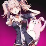  1girl alternate_costume black_shirt bow breasts choker cleavage commentary_request cosplay danganronpa_(series) danganronpa_2:_goodbye_despair enoshima_junko enoshima_junko_(cosplay) finger_to_head hair_tie highres maru_ntus2r monomi_(danganronpa) nanami_chiaki necktie pink_background pink_eyes pointing red_skirt shirt skirt yellow_bow 