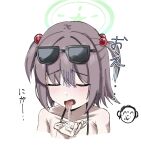  1girl blue_archive closed_eyes collarbone commentary_request cropped_shoulders doodle_sensei_(blue_archive) eyewear_on_head furrowed_brow halo hand_up highres magutaku5656 open_mouth purple_hair sensei_(blue_archive) short_hair sidelocks simple_background suggestive_fluid sunglasses tongue tongue_out translation_request turn_pale white_background youko_(blue_archive) 