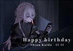  1boy artist_request black_jacket black_shirt chain chain_necklace character_name cigarette happy_birthday highres holding holding_phone jacket jewelry kaida_shion long_hair long_sleeves male_focus multiple_necklaces necklace night non-web_source paradox_live phone red_eyes shirt turtleneck white_hair 