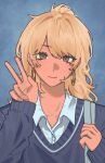  1girl alternate_costume blonde_hair blue_background blue_sweater brown_eyes class_of_09 closed_mouth collared_shirt commentary earrings english_commentary gyaru highres hoop_earrings jecka_(class_of_09) jewelry looking_at_viewer shirt smile solo straight-on sweater tan v walkingdownthestairs white_shirt 