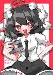  1girl :d absurdres black_hair black_necktie black_skirt blush border breasts camera collared_shirt commentary_request cowboy_shot digital_camera hat highres holding holding_camera komugi_zora medium_breasts medium_hair necktie open_mouth outside_border puffy_short_sleeves puffy_sleeves red_border red_eyes red_hat shameimaru_aya shirt short_sleeves skirt smile solo tokin_hat touhou white_background white_shirt 