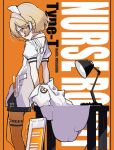  1girl blonde_hair character_name commentary_request desk_lamp feet_out_of_frame gun highres instrument jacket keyboard_(instrument) lamp nurse_robot_type_t nurse_robot_type_t_(vocaloid6) orange_background orange_pantyhose pantyhose shirt short_sleeves solo standing table teckinder unworn_jacket vocaloid weapon white_shirt 