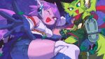  2girls animal_ears bike_shorts blue_gloves boots breasts carol_tea cat_ears cat_girl colored_skin commentary commission detached_sleeves dragon_girl english_commentary fang fingerless_gloves freedom_planet freedom_planet_2 from_below furry furry_female gloves green_eyes green_fur green_shorts highres horns inkerton-kun long_hair midriff multiple_girls navel one_eye_closed open_mouth pink_skin purple_eyes purple_hair red_scarf sash_lilac scarf second-party_source shorts striped_fur tail 