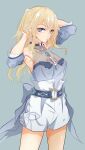  1girl absurdres adjusting_hair armpits blonde_hair blue_background blue_eyes blue_shirt breasts chinese_commentary cleavage closed_mouth commentary_request detached_sleeves fibonacci_no_usagi genshin_impact highres jean_(genshin_impact) jean_(sea_breeze_dandelion)_(genshin_impact) large_breasts long_hair looking_at_viewer shirt shorts simple_background solo white_shorts 