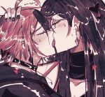  1boy 1girl blush closed_eyes commentary english_commentary french_kiss from_side glasses hand_on_another's_head hetero highres kiss portrait shizuhara_hiruko simple_background sumino_takumi sweat takueitaku the_hundred_line_-last_defense_academy- 