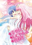  1girl angel_beats! blue_hair bridal_veil bride carrying closed_eyes couple dress fang feathers gloves good_end hetero hinata_(angel_beats!) long_hair mochizuki_mina one_eye_closed pink_hair princess_carry short_hair smile spoilers veil wedding_dress yui_(angel_beats!) 