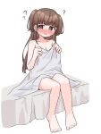  1girl ? @_@ after_sex bed_sheet blush breasts brown_eyes brown_hair cleavage commentary_request fugakutkt highres long_hair naked_sheet on_bed open_mouth shine_post simple_background sitting solo sweat sweatdrop tamaki_kyouka two_side_up white_background 