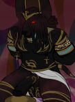 2020 ankh ankh_piercing anthro anubis arm_markings ball_markings balls big_balls big_penis black_body black_hair canid canine canis chaosdraws chest_markings clothing deity digital_drawing_(artwork) digital_media_(artwork) dreadlocks egyptian egyptian_clothing egyptian_mythology empty_eyes erection genital_markings genitals glans glowing glowing_eyes hair hands_behind_back hi_res humanoid_genitalia humanoid_penis jackal kneeling leg_markings male male_anthro mammal markings middle_eastern_mythology mythology penis penis_markings red_sclera solo thigh_markings