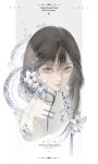  1girl absurdres aegyo_sal bead_necklace beads blue_eyes blue_flower brown_hair chinese_clothes closed_mouth commentary_request commission eyelashes flower hair_flower hair_ornament highres jewelry lips long_hair looking_at_viewer mandarin_collar meizi_mei_zi necklace original pearl_necklace plate portrait solo tassel watermark 