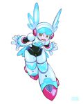  1girl android animal_print aqua_helmet aqua_trim armor black_bodysuit blue_armor bodysuit boots breastplate butterfly_print foot_up_heel_up head_wings helmet highres ian_barreto joints mechanical_boots mega_man:_dual_override mega_man_(classic) mega_man_(series) multicolored_boots open_mouth pink_armor robot robot_girl robot_joints solo three-tone_boots twinkle_girl two-tone_boots two-tone_helmet white_armor white_helmet wings 