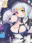  2girls :d bare_shoulders beret black_hat black_ribbon blue_dress blue_hairband bow bug butterfly closed_mouth collared_shirt colored_tips commentary_request contrast_collar crescent crescent_necklace dress dress_bow frilled_dress frilled_hairband frilled_sleeves frills gothic_lolita hair_over_one_eye hair_ribbon hairband hat heterochromia highres hug jacket jacket_partially_removed jewelry jogasaki_noah layered_sleeves lolita_fashion lolita_hairband long_hair long_sleeves mahou_shoujo_no_majo_saiban multicolored_eyes multicolored_hair multiple_girls natsume_an-an neck_ribbon necklace off-shoulder_dress off_shoulder open_mouth polka_dot polka_dot_bow purple_eyes red_eyes ribbon shirt shisomint sleeves_past_fingers sleeves_past_wrists smile streaked_hair white_hair white_shirt wide_sleeves yellow_eyes yuri 