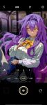  1girl absurdres anger_vein bag black_skirt breasts chinese_commentary commentary_request fibonacci_no_usagi headband highres honkai_(series) honkai_impact_3rd long_hair long_sleeves looking_at_viewer medium_breasts nail_polish necktie purple_hair purple_nails school_uniform shoulder_bag sirin sirin_(magic_academy_uniform) skirt solo subway very_long_hair viewfinder yellow_eyes yellow_necktie 