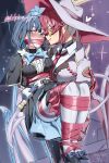  2girls blue_hair blush bound breasts commentary_request duel_monster evil_twin_ki-sikil evil_twin_lil-la gagged green_eyes highres iruka_no_kasa_(dolphin_diary) ki-sikil_(yu-gi-oh!) large_breasts leather_bodysuit lil-la_(yu-gi-oh!) long_hair multiple_girls pink_hair red_hair short_hair simple_background yu-gi-oh! yuri 