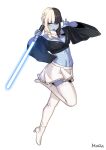  1girl alien artist_name black_hair black_kimono blue_eyes blue_lightsaber blue_skin boots braid breasts cleavage colored_skin commission energy_sword facial_mark japanese_clothes jedi kimono lightsaber lipstick makeup medium_breasts midriff miniskirt mollo101 multicolored_hair navel original pantoran reverse_grip simple_background skirt star_wars star_wars:_the_clone_wars_(2008_tv_series) sword thigh_boots two-tone_hair weapon white_background white_boots white_hair white_skirt 