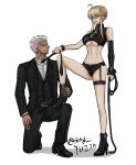  1boy 1girl archer_(fate) armpits artist_name artoria_pendragon_(fate) artoria_pendragon_(lancer)_(fate) blonde_hair colored_eyelashes commentary_request crop_top dark-skinned_male dark_skin fate/grand_order fate_(series) formal_clothes hair_slicked_back holding holding_whip messy_hair motion_lines revealing_clothes shirt short_hair signature song_yuzin spiked_hair suit whip white_shirt 