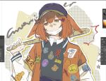  1girl alternate_costume anger_vein_hair_ornament arknights art_program_in_frame bandaid bandaid_on_face bandaid_on_nose baseball_bat black_vest character_name commentary_request crownslayer_(arknights) dopperu_ben highres holding holding_baseball_bat jacket letterman_jacket long_sleeves mask_pull medium_hair open_clothes open_jacket open_mouth orange_eyes orange_hair orange_jacket reunion_logo_(arknights) sketch solo unfinished upper_body vest 