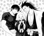  1girl 2boys :d ^_^ ai-generated bleach blush_stickers bob_cut clenched_hands closed_eyes collarbone commentary cowboy_shot crossover english_commentary facing_viewer forehead fushiguro_toji graykruger greyscale hands_up haori happy head_tilt heart hug japanese_clothes jujutsu_kaisen kimono kusajishi_yachiru large_pectorals long_hair long_sleeves looking_at_another mature_male medium_hair monochrome multiple_boys muscular muscular_male no_eyebrows nose obi open_mouth parted_bangs parted_lips pectorals sash scar scar_across_eye scar_on_face scar_on_mouth shirt short_hair short_sleeves signature simple_background smile sparkle spiked_hair white_background wide_sleeves zaraki_kenpachi 