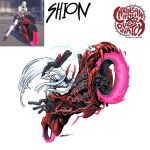  1girl chainsaw_man gun handgun highres horns long_hair monster monsterification motor_vehicle motorcycle no_eyes on_motorcycle organic_weapon overwatch red_horns reference_inset sharp_teeth shion_(overwatch) simple_background skirt solo teeth the_marahfa very_long_hair weapon white_skirt 