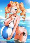  1girl ball beachball bikini blonde_hair blue_eyes blue_sky breast_rest breasts cleavage cloud commentary_request dated day drill_hair flower hair_flower hair_ornament highres honolulu_(kancolle) honolulu_(swimsuit)_(kancolle) horizon kamiya_tadato kantai_collection large_breasts leaning_forward ocean one-hour_drawing_challenge outdoors side-tie_bikini_bottom sky solo standing swimsuit twin_drills twintails twitter_username wading water white_bikini 