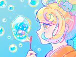  1girl blonde_hair blowing_bubbles blue_background blush bow bubble chinese_commentary commentary_request danganronpa_(series) danganronpa_2:_goodbye_despair from_side green_bow highres holding japanese_clothes kimono orange_eyes orange_kimono portrait saionji_hiyoko shizhong_wu_di_fushang solo twintails 